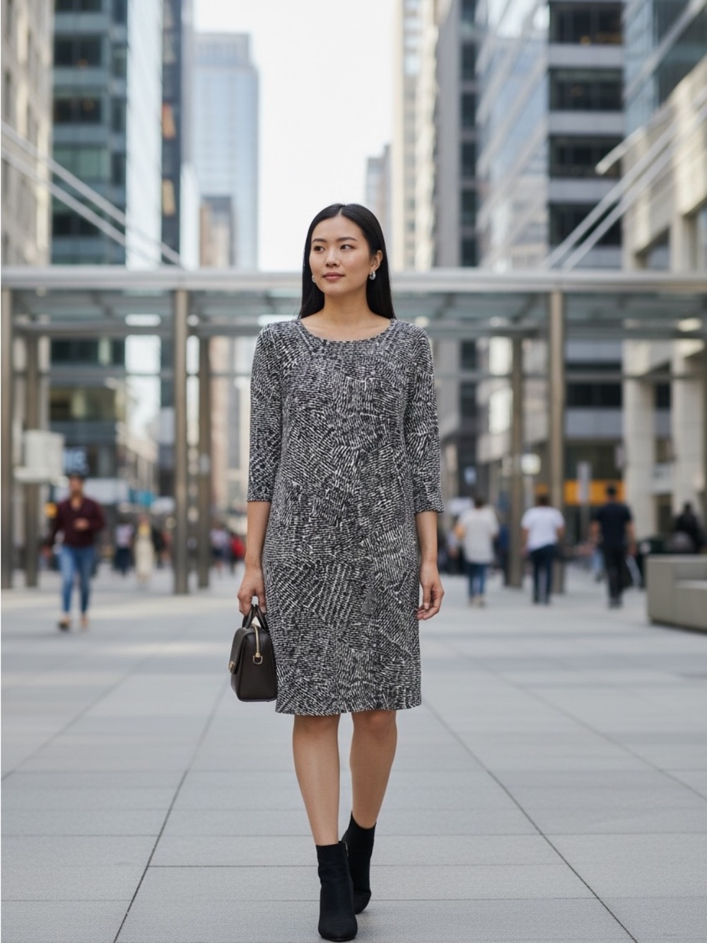Jones New York Black & White Printed Midi Dress